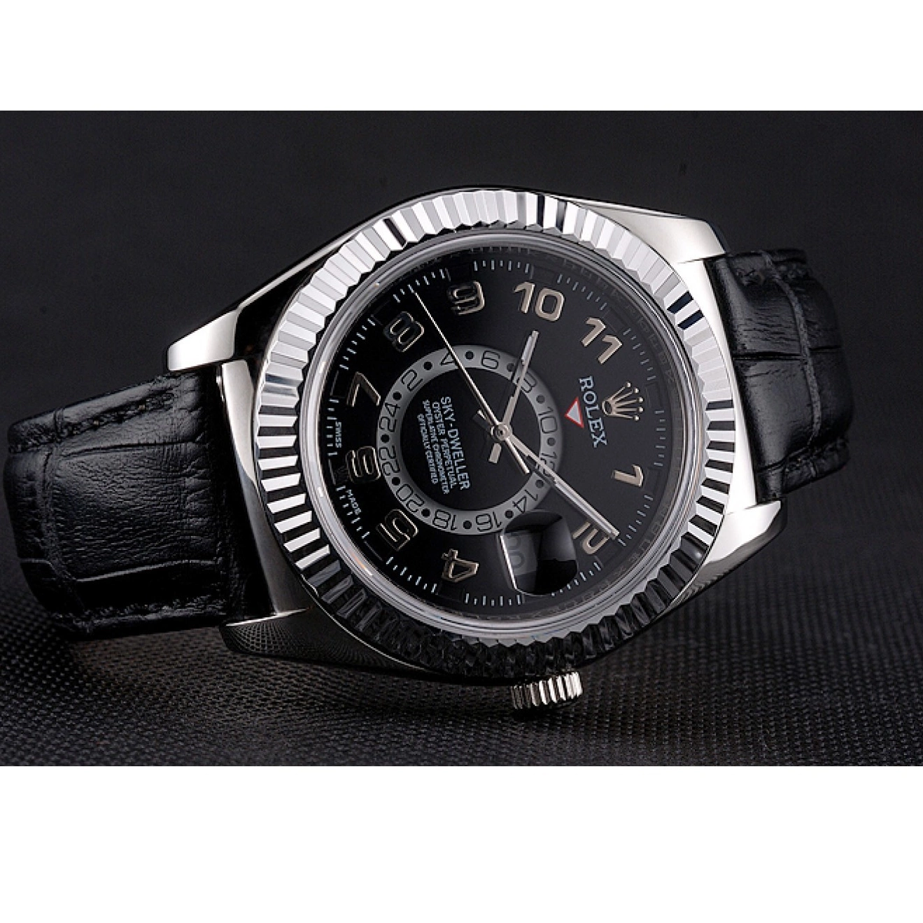 Aaa fake watches Dweller Leather Strap Black Rolex Sky Steel Dial Case Black Stainless 0624
